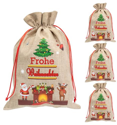 Idena 90493 - Weihnachtsgeschenkesäcke ca. 22 x 32 cm, 4 Stück, Stoffbeutel mit Weihnachtsmann-Motiv, Rentier und Aufschrift Frohe Weihnachten, Weihnachtssack mit roter Kordel