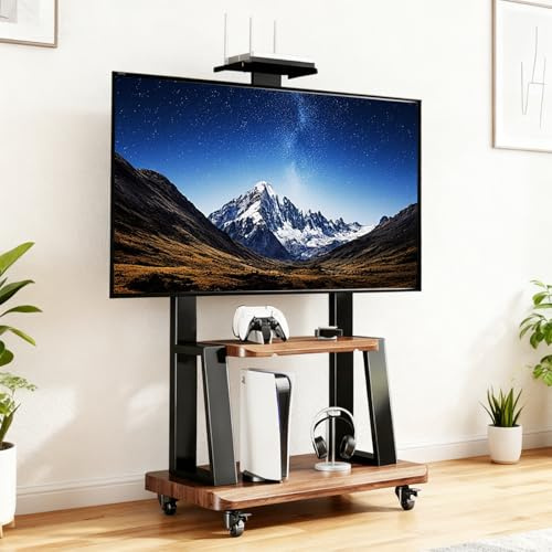 TV Ständer Rollbar aus Stahl für 32-80 Zoll Fernseher bis zu 150kg, Höhenverstellbarer mit Ablage, Curved Oder Flachbildschirm TVs Monitor Bodenständer Mit Abschließbaren Rollen