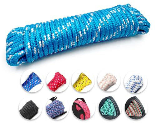 Diamond Braided Polypropylene Rope, 16-Strand Lightweight Floating Utility Rope for Camping, Marine, Flag Pole, Indoor and Outdoor Use (Blue/White, 1/4in X 35FT)