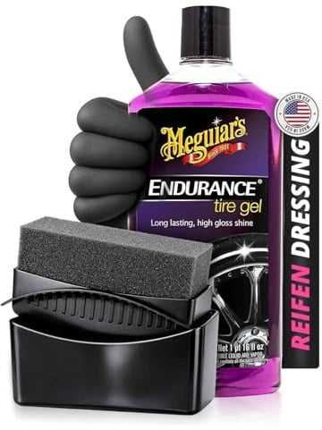Shiny Freaks Reifenpflege Set: Meguiar’s Endurance High Gloss Tyre Gel 473ml + Tire Dressing Applicator + Nitrilhandschuhe Größe L | gleichmäßiger Auftrag für gepflegte Reifenflanken | 3-teilig