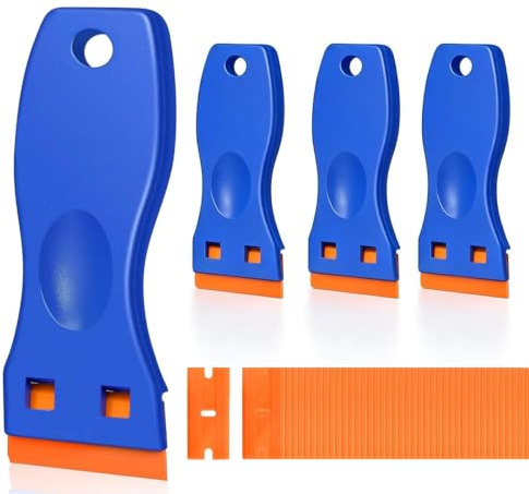 4PCS Plastic Scraper＋100 Plastic Scraper Heads, Plastic Razor Blade Scraper | Plastic Scraper Tool Non Scratch is an Ideal Multi-Purpose Tool for Cleaning Labels, Stickers, Paint, Glass, and Car Windows