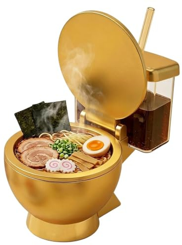 Toilet Bowl Ramens | Novelty Toilet Shaped Ramens Bowl Set with Built-in Drink Cup & Straw | Reusable Gold Toilets Bowls with Detachable Drink Tank and Straw for Instant Noodles, Soup, Gag Gift