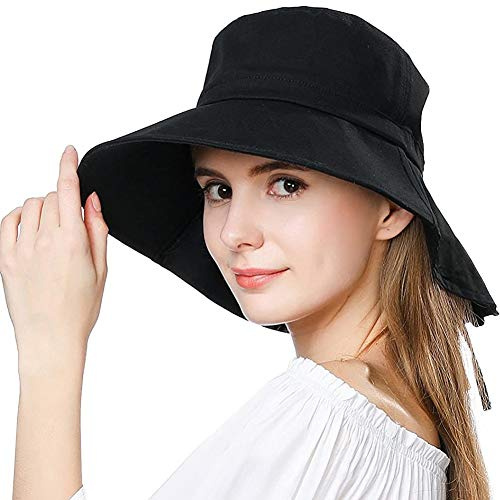 Comhats Sun Hats Women UV Protection Wide Brim Hats with Neck Protection Ladies Summer Hats UPF 50 Cotton Sunhats Safari Gardening Hat Packable Black Small