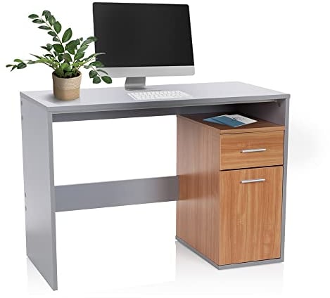 hjh OFFICE 705111 Schreibtisch mit Schublade und Tür 105 x 50 x 75 cm Basix Grau/Buche Computertisch PC-Tisch platzsparend