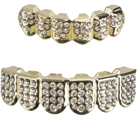 HEALLILY Teeth Grills Set Gold Plated Teeth Grillz Rhinestone Teeth Hip Hop Caps Lower and Upper Tooth Teeth Brace