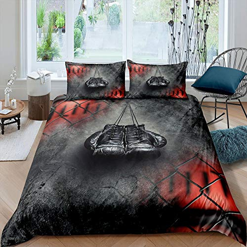Boys Boxing Gloves Comforter Cover Set Sports Games Theme Duvet Cover For Kids Teens Adult Men Geometric Diamond Bedding Set Grey Black Lightweight Quilt Cover With Zipper Double Size