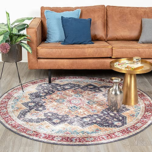 FRAAI | Home & Living Teppich Vintage Rund - Azara Blau Rot - Baumwolle, Polyester - Flachgewebe - Vintage - Orientalisch - Wohnzimmer, Esszimmer, Schlafzimmer - Carpet
