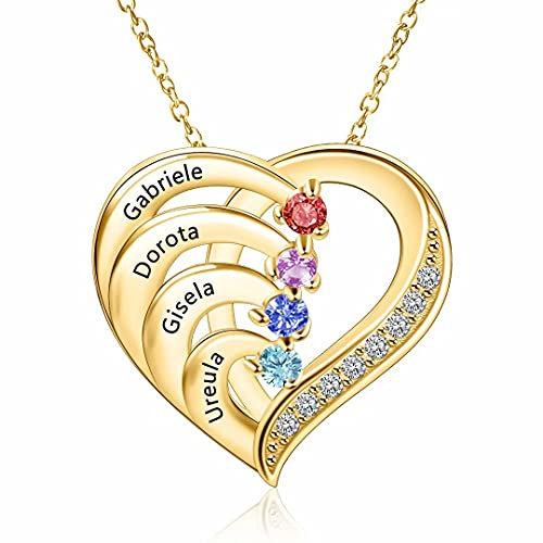 Collier Prénom de Famille Coeur Gravure 4 Enfants Noms Pendentif Personnalisé Mère Collier pour Maman Grand-mère Femmes Filles Argent Sterling 925 Or Rose Bijoux de Noël d'anniversaire