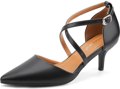 Greatonu Womens Court Shoes Pointed Toe Kitten Mid Low Heel Sandals Ladies Ankle Strap Pumps Black-P Size 5