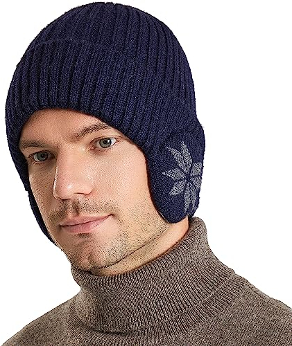 WANYIG Unisex Wintermütze Strickmütze Beanie Winter Mütze Warme Plain Hat mit 9cm Ohrenklappen für Damen und Herren(Navy)