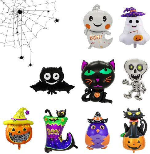 INGJIA Folienballon Halloween, 9 Stück XXL Kürbis Hexe Geist Fledermaus Spinnweben Luftballon, Spinnen Riesenballon, Halloween Party Ballon für Kinder Geburtstag Dekorationen Zubehör Geschenk