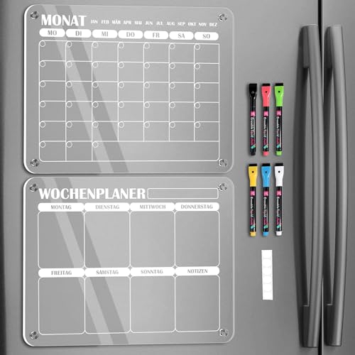 BIROYAL 2pcs Magnetic Monatsplaner und Wochenplaner Abwischbar mit 6 Markers, 40x30 cm Magnettafel Kühlschrank Acrylic, To Do Liste Abwischbar, Planungstafeln, Putzplan, Kühlschrank Kalender