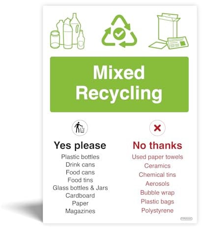 Pack of 2 WRAP Mixed Recycling Bin Signs - Waterproof Indoor/Outdoor Vinyl Stickers - Wheelie Bin and Waste Containers Signs - Recycling Signs with symbols