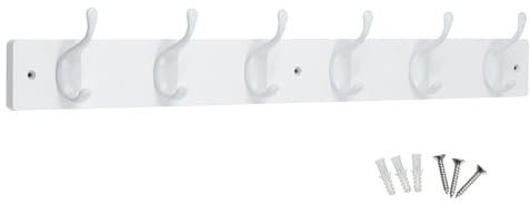 Keypak Modern Wall Mounted Coat Rack, 6 White Gloss Hooks on 68cm White Wood Base, Pre-Assembled & Fixings Included
