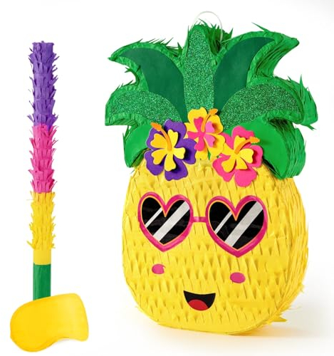 WERNNSAI Ananas Pinata – Sommer Geburtstag Piñata Junge Mädchen Kinder 30 x 42 x 7.5 cm Ananas Kleine Pinata mit Augenbinde Schlagstock Hawaii Poolparty Tropische Aloha Luau Partyzubehör Dekoration