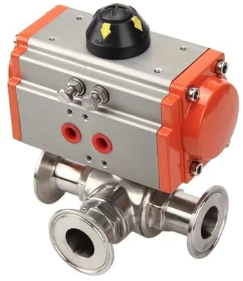 19 mm 3-Wege-Sanitär-Pneumatik-Kugelhahn aus Edelstahl mit Tri-Clamp-Ferrule, doppeltwirkender Zylinder-Kugelhahn