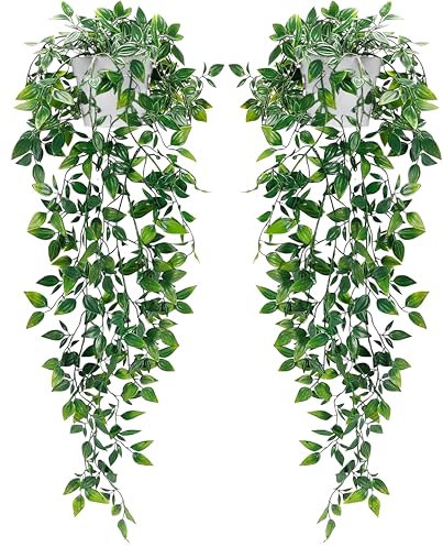 SamArt Artificial Hanging Plants Pack of 2 with White Pots Fake Plant Datura Vines Leaves Potted Decor Home Decoration for Indoor Outdoor Wall Room Patio Office Table Shelf Gifts for Christmas Easter