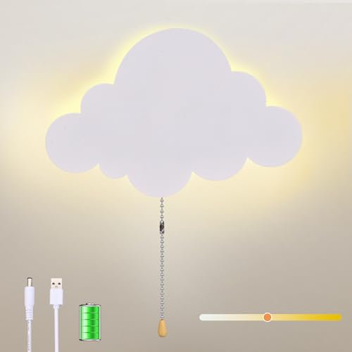 KZT LED Wandleuchte mit Zugschalter Wolke Kinderzimmer Wandlampe Batteriebetriebene USB Aufladbare Nachtlamp 3 Farben Einstellbar Nachtlicht für Babyzimmer Schlafzimmer Kindergarten, 22cm