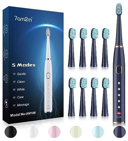 7AM2M Sonic Electric Toothbrush for Adults and Kids- High Power Rechargeable Toothbrushes with 8 Brush Heads (Navy)