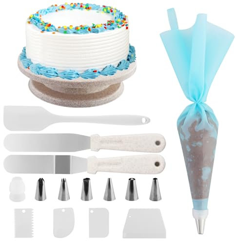 JRSHIRLEYLTD Supporto girevole per torte, piatto girevole per torte, set di decorazioni per torte, tavolo da ginnastica con raschietti per torte, spatole, sacchetti per torte e punte a spruzzo