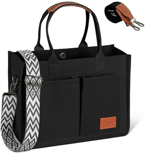 Aucuu Tote Bag, Large Canvas Tote Bag for Women, Casual Canvas Crossbody Bags, with 15.6” Laptop Compartment & Shoulder Straps, Shoulder Bags Handbag for School Work Travel Shopping-Black
