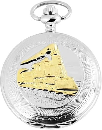 Analog Taschenuhr Eisenbahn Dampflok Zug mit Metall Kette und Hakenverschluss Silberfarbiges Gehäuse im Maße 46mm x 14mm mit Ziffernblattfarbe Weiß und Mineralglas