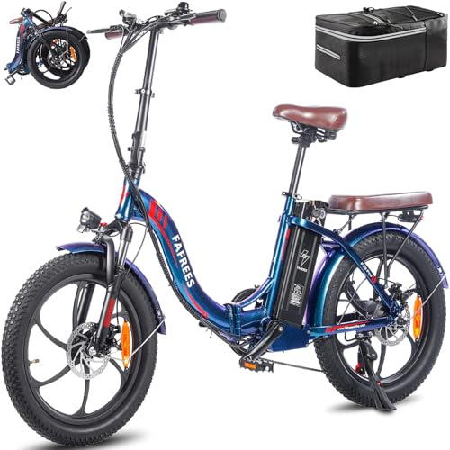 Fafrees Bici Elettrica Pieghevole 36V/18Ah Batteria Rimovibile Bicicletta Elettrica, 20×3.0 Fat Tire, 7 Velocità, Autonomia di 70-150km Fat Bike Ebike per Adulti, con Schermo LCD, Borsetta, Blu-Viola