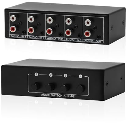 Audio Switcher 4 in 1 Out, Passiv Audio Switch 3,5 mm Aux + RCA L/R, Audio-Umschalter 4-Wege-Stereo-Audio-Verteilerbox Auswahlbox Analog Audio Selector Splitter für Phono, Kopfhörer, Lautsprecher