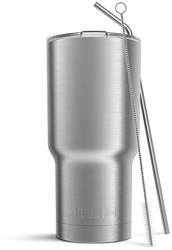 Atlin Tasse de voyage isotherme en acier inoxydable réutilisable avec couvercle transparent et paille pour la maison, le bureau, l'école