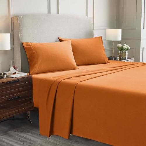 Superior Paisley or Solid Flannel Cotton Sheet Set, Fuzzy Warm Sheets, Traditional Bohemian Bedding, Includes 1 Flat Sheet, 1 Elastic Deep Pocket Fitted Sheet, 2 Pillowcases, Queen, Pumpkin