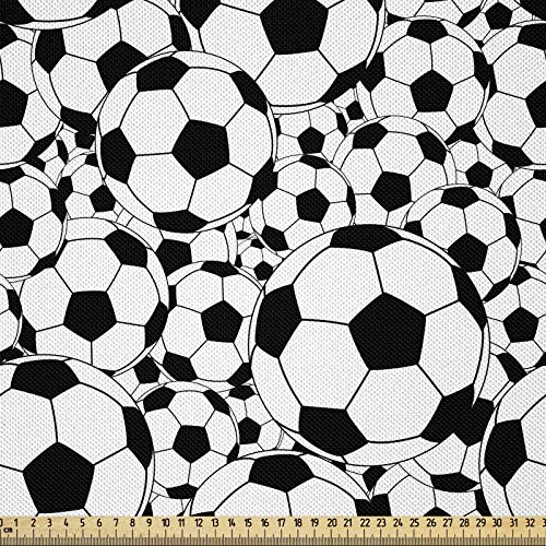 ABAKUHAUS Fußball Stoff als Meterware, Monochrom Fußbälle Grafik, Seidiger Satin Stoff für Polster Heimtextilien, 1M (148x100cm), Schwarz Weiß