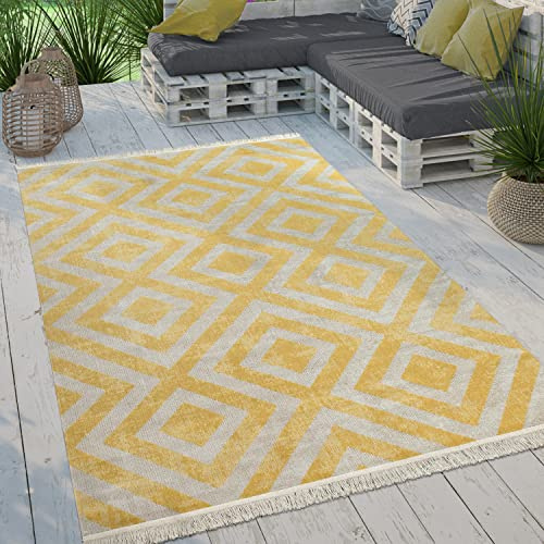 Paco Home Moderner Outdoor Teppich Geometrisches Rauten-Muster im Vintage-Look Flachgewebe Wetterfest & Pflegeleicht für Garten, Terrasse & Balkon, Grösse:200 cm Rund, Farbe:Gelb-Weiß