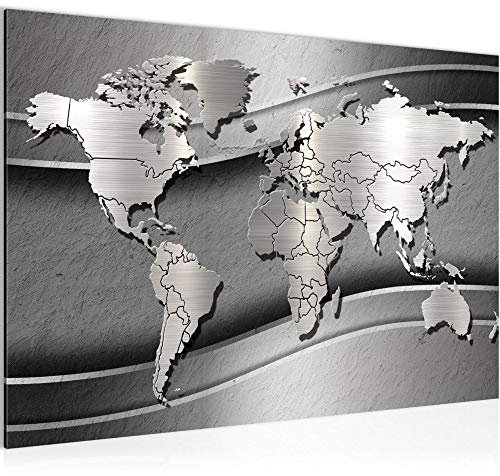 Runa Art Bild Weltkarte Modern Wandbilder Wohnzimmer Büro 1 Teilig - Made In Germany - Abstrakt Metall Silber Flur 107215b