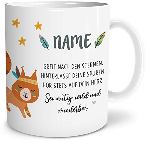 OWLBOOK® Personalisierte Tasse für Kinder Personalisiert Boho Eichhörnchen Tasse Geschenke Geschenkideen für Kinder Junge Mädchen zum Geburtstag Schulanfang Kindertasse Keramik 300 ml
