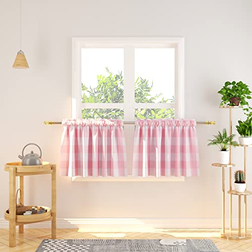 NATUS WEAVER 2 Vorhänge Volant 40,6 cm lang Café Vorhang Buffalo Plaid Gingham Kariert Kurze Etagen Vorhänge für Küche Badezimmer Fenster Vorhang Rosa & Weiß