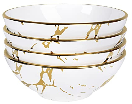 fanquare Set aus 4 Weiß Marmor Porzellan Suppenschüssel, 720 ml Müslischale für Salat, Pasta, Ramen, Reis und Dessert, Groß