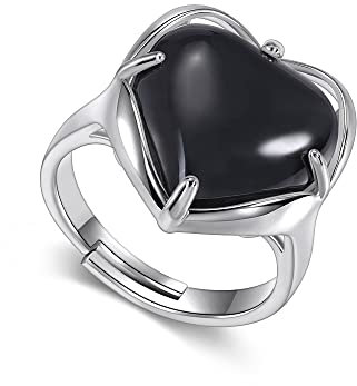 JSDDE Black Obsidian Healing Crystal Stones Ring Adjustable Heart Crystals Gemstone Rings Jewelry for Women Valentines Gift