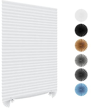 Stick On Blinds for Windows, Temporary No Drilling Light Filtering Pleated Paper Clip On Door Blinds and Shades for Kitchen Patio Bathroom Bedroom (White, 60x180cm)