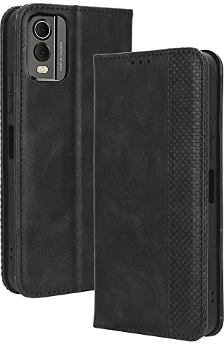 PEIYE Leder Folio Hülle für Nokia C32, Flip Handyhülle, Hochwertige Lederhülle Mit Kartenfächern Und Horizontale Standfunktion -Schwarz
