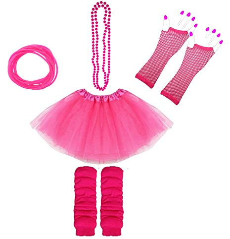 Lizzy 5Pc Neon Costume (Leg Warmers + Fishnet Gloves + 3Layer Tutu + Beads Necklace + Gummy Bracelet) Set | 80s Neon Teen Fancy Dress Dance ware Hen Party Accessory (Neon Pink, Ladies)
