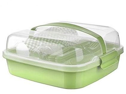 Picknick Set 6 Personen | BPA Freies Gesundes Plastik | Plastikbesteck Gabel, Messer, Löffel, Teller, Becher, Salzstreuer | Picknickkorb | Picknicktasche (Grün)