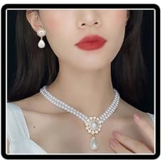 Dishowme Perlen-Halsketten-Ohrring-Set, Kristall, Kamelien-Blumen-Anhänger, Halskette, Vintage-Stil, Kunstperlen, Schmuck für Frauen und Mädchen (Weiß B)