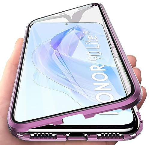 Orgsty Coque pour Honor 90 Lite, Coque d'adsorption magnétique Ultra Mince à 360° Housse de Protection en Avant et Arrière Verre Trempé Etui Transparent Métallique Antichoc, Violet
