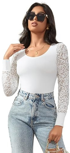 ohyeahlady Women's Bodysuits Sexy Mesh Lace Long Sleeve Lingerie Tops Plus Size Teddy Body Suits White UK 18