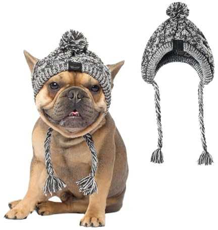 MANON ROSA Hundekostüm, Strickmütze für Winterwärme, Bommel-Party-Beanie mit Quaste für kleine, mittelgroße und große Welpen und Katzen, ideal für Weihnachten und den täglichen Gebrauch, Größe M, Grau