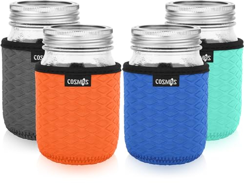 Cosmos 4 Pcs Neoprene Mason Jar Sleeve Cover for Regular Mouth Jar, Insulated Glass Jars Cover Canning Sleeves Glass Container Protector Holder for Home Kitchen Storage (For 16 OZ Jar)