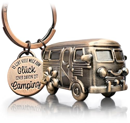 LANOLU Llavero de la suerte de camping, regalo para caravana, regalo para camping y campista, remolque 3D, accesorios de metal, Cobre vintage