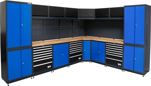 BGS 80160 | Schrankwand-System | Werkstatt | Holz | 8 Module | Freistehend | 21 Schubladen | 100 % Schubladenauszug | Lochwandaufbau | Massivholz-Arbeitsplatte 30 mm