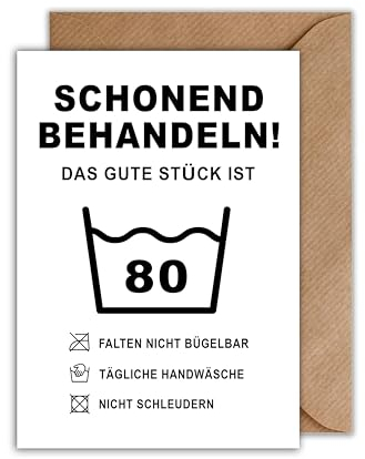 WBdesignz Lustige Geburtstagskarte mit Umschlag - Schonend Behandeln! 80. Geburtstag Geschenkkarte Happy Birthday - 80ter Geburtstag Witzige Wäsche Karte (DIN A6)