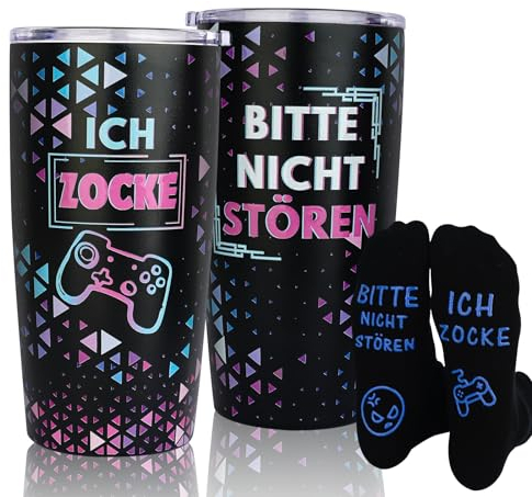 ANOTION Jugendweihe Geschenke - Zocker Geschenk Trinkgläser Mit Deckel Isolierte Tasse aus Edelstahl Lustige Geschenke Lustige Socken Geschenke Für Teenager Coole Sachen Für Jungs Geschenke Für Gamer